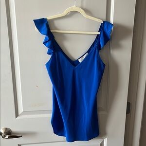 Blue Ruffle Sleeve V-Neck Top